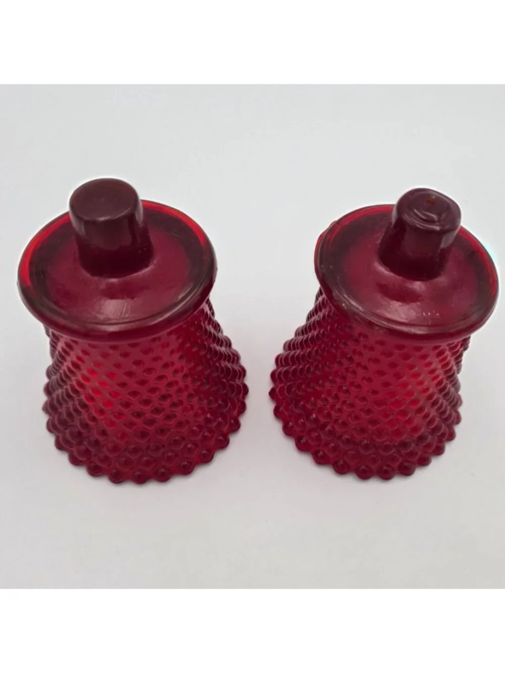 Ruby Red Glass Hobnail Peg Votive Candle Holders UV Reactive Vintage Pair